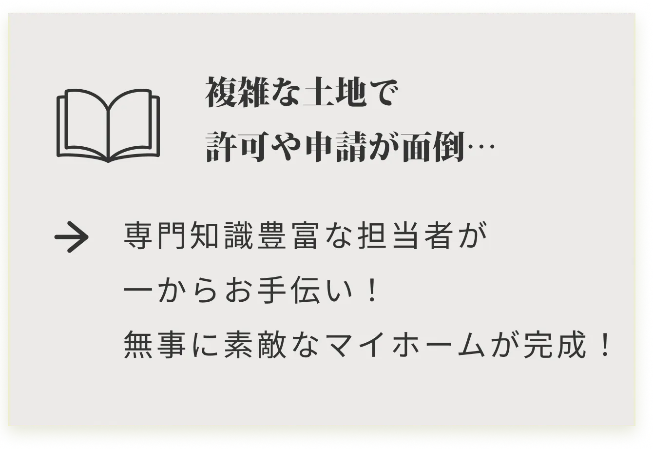 複雑な土地で許可や申請が面倒･･･ 専門知識豊富な担当者が一からお手伝い！無事に素敵なマイホームが完成！